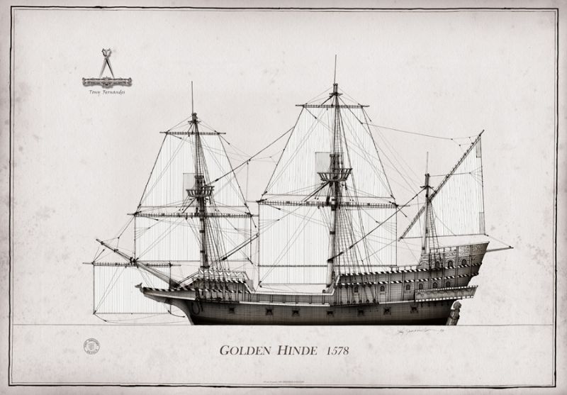 1578 Golden Hinde pen ink study by Tony Fernandes